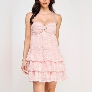 Sequin Tiered Mini Dress in Light Pink - Spaghetti Strap